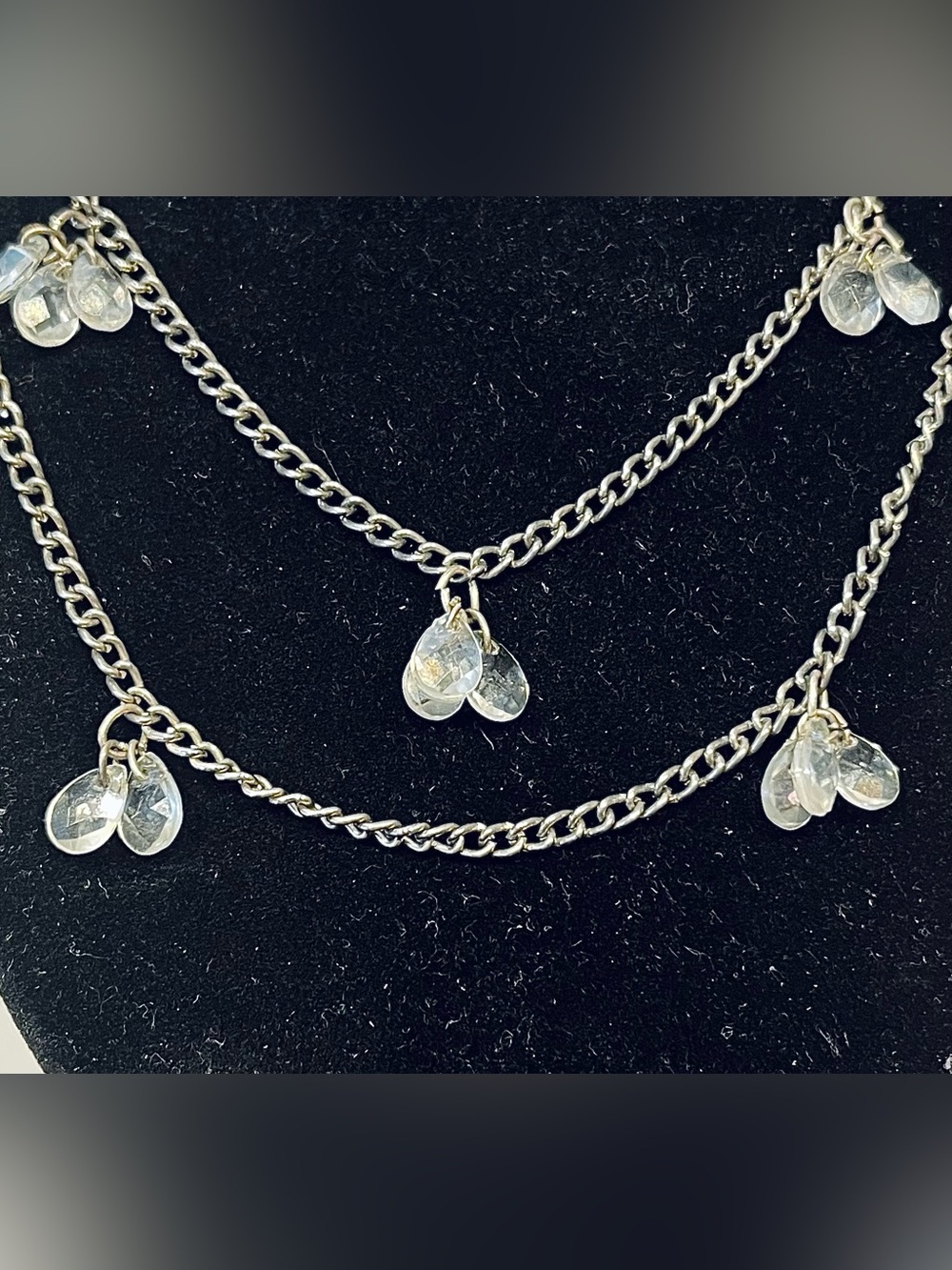 Vintage Layered Silver Chain Necklace with Clear Crystal Drops - Picture 2 of 3
